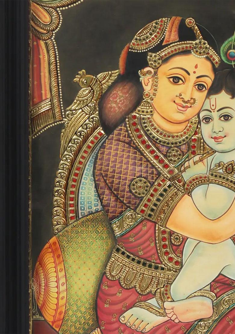 Little Krishna With Yashoda Tanjore Painting Gold Work