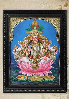 Gaja Lakshmi On Lotus Embossed Tanjore Painting Indian Art
