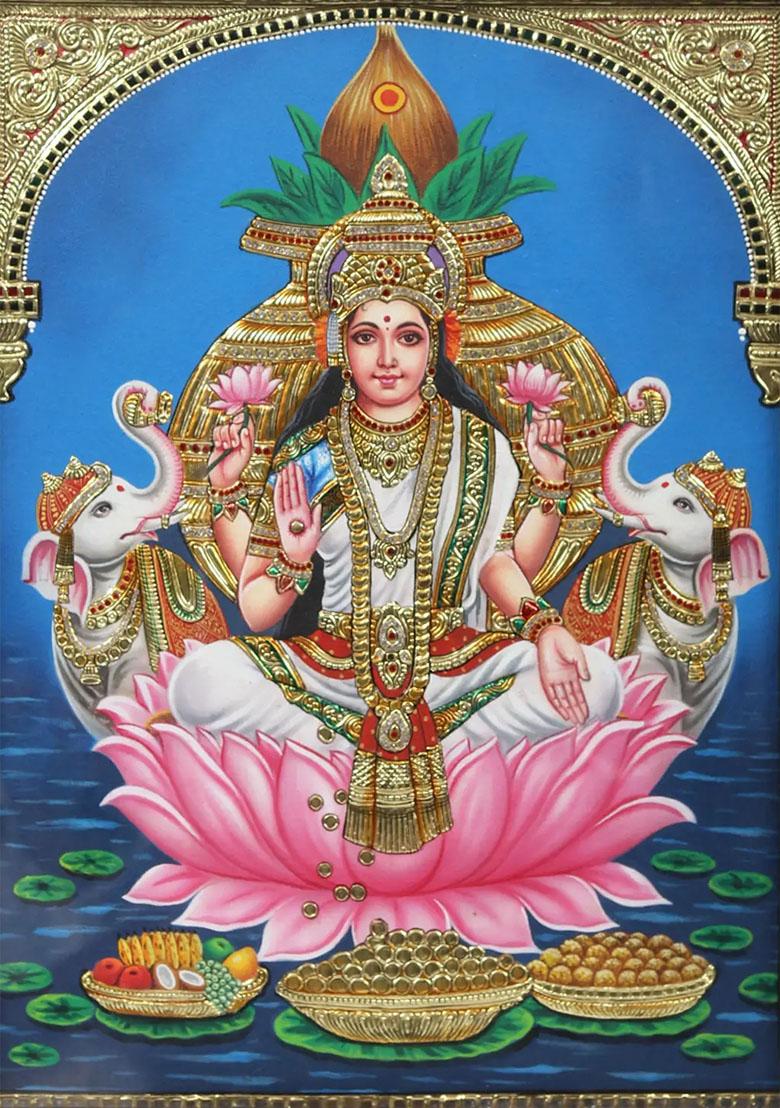 Gaja Lakshmi On Lotus Embossed Tanjore Painting Indian Art
