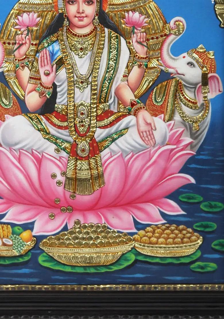 Gaja Lakshmi On Lotus Embossed Tanjore Painting Indian Art