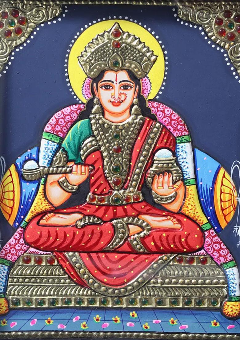 Goddess Annapurna Tanjore Painting With Teakwood Frame South Indian Art