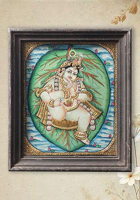 Vintage Vatapatrashayi Krishna Tanjore Painting With Teakwood Frame South Indian Art