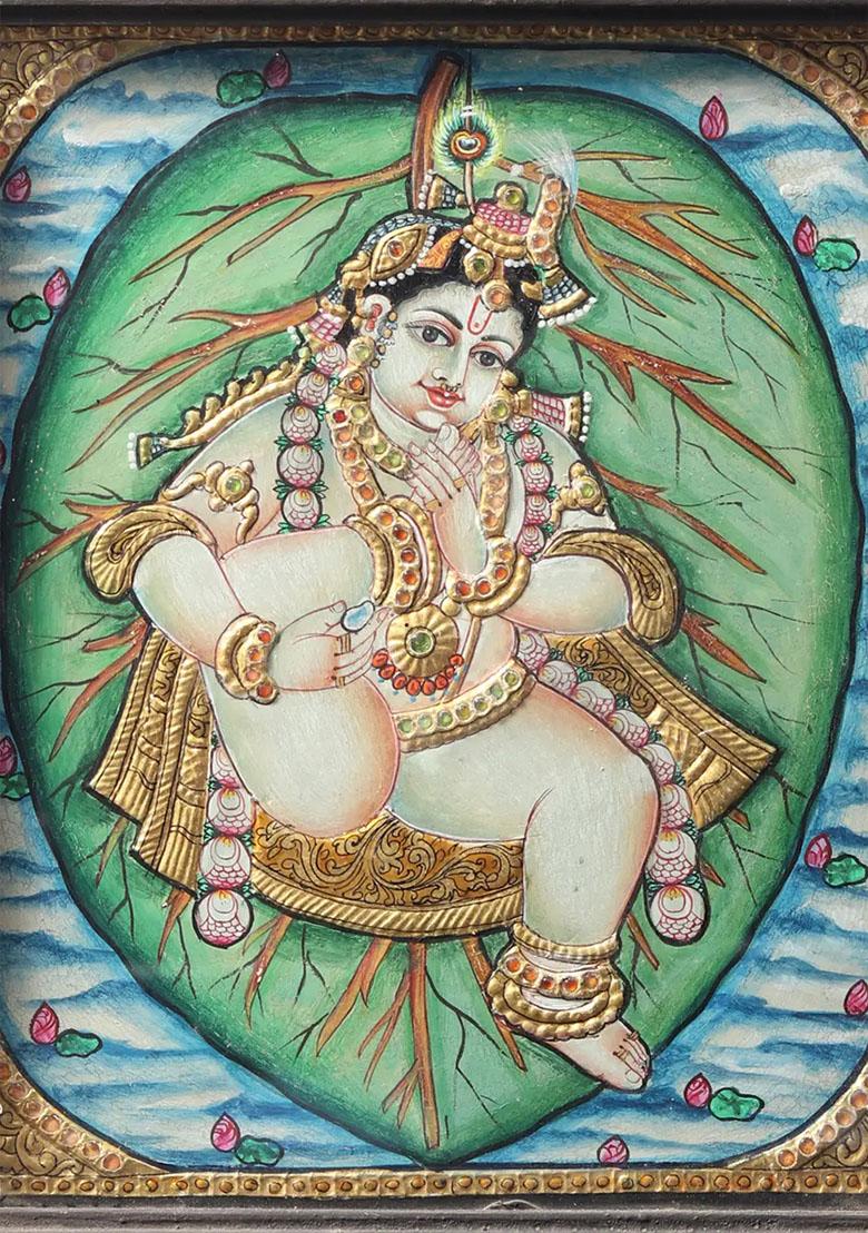 Vintage Vatapatrashayi Krishna Tanjore Painting With Teakwood Frame South Indian Art