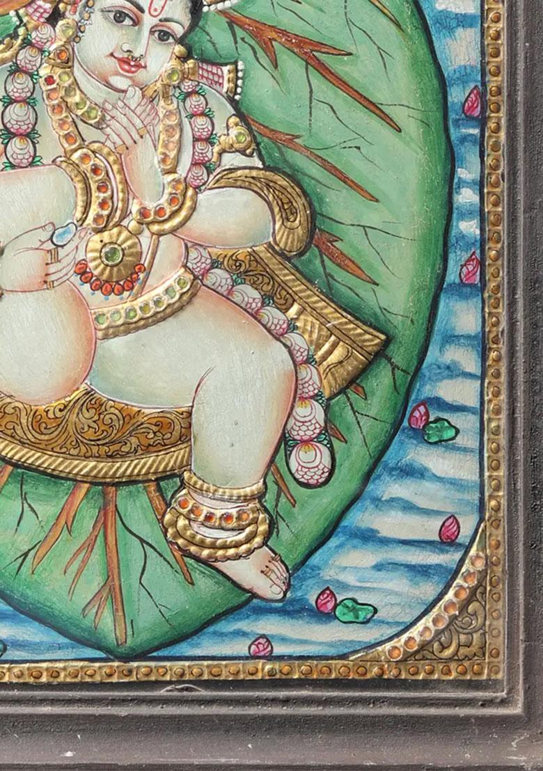 Vintage Vatapatrashayi Krishna Tanjore Painting With Teakwood Frame South Indian Art