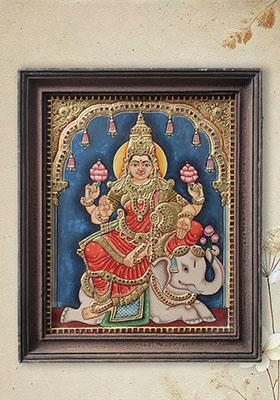 Goddess Gajalakshmi Vintage Tanjore Painting With Teakwood Frame South Indian Art