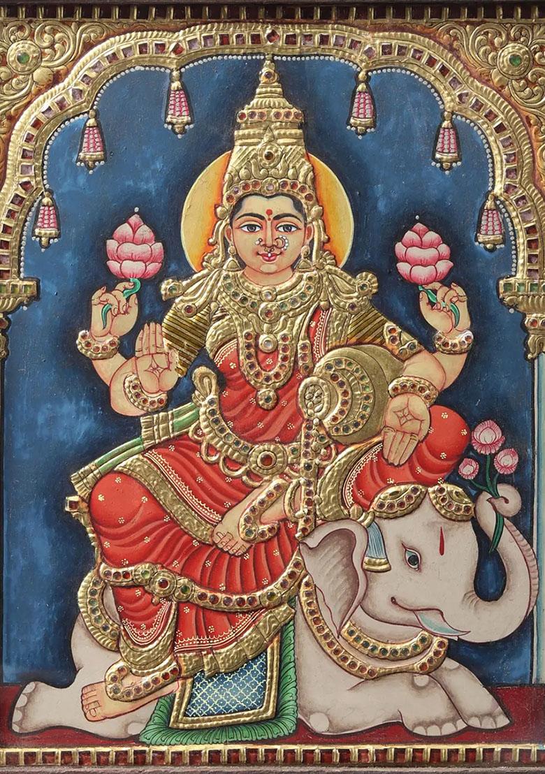 Goddess Gajalakshmi Vintage Tanjore Painting With Teakwood Frame South Indian Art