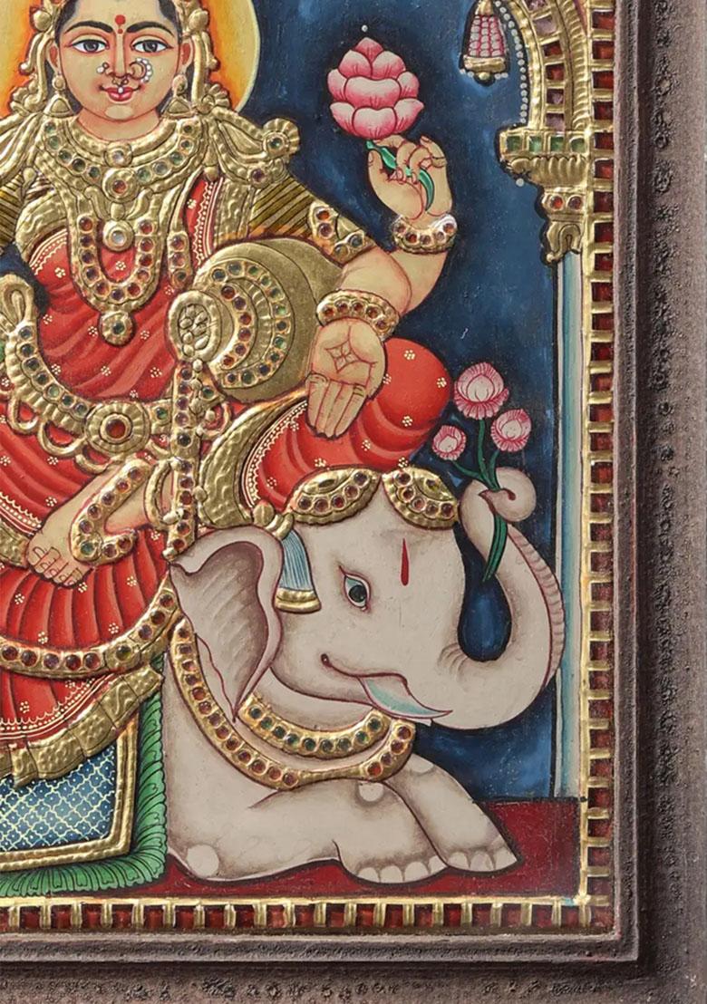 Goddess Gajalakshmi Vintage Tanjore Painting With Teakwood Frame South Indian Art