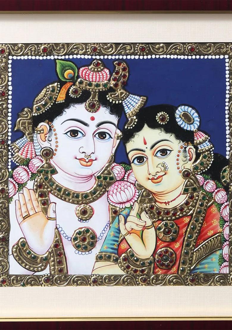 Divine Pair Of Radha Krishna Tanjore Painting South Indian Art