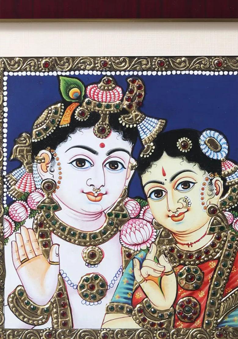 Divine Pair Of Radha Krishna Tanjore Painting South Indian Art