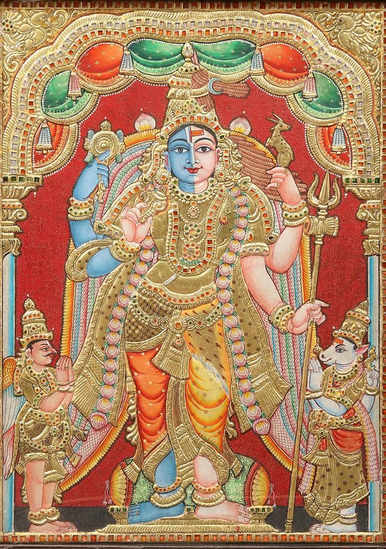 Harihara Tanjore Painting With Teakwood Frame South Indian Art