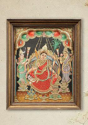 Goddess Rajarajeshwari Tanjore Painting With Teakwood Frame South Indian Art