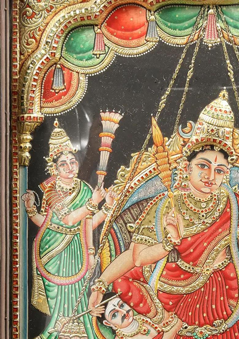 Goddess Rajarajeshwari Tanjore Painting With Teakwood Frame South Indian Art