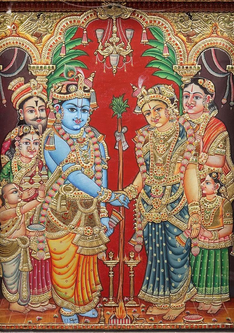 Rukmini Tanjore Painting With Teakwood Frame South Indian Art