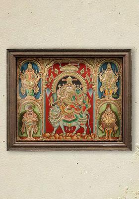 Pradosha Moorthy Shiva Parvati Tanjore Painting With Vintage Teakwood Frame South Indian Art