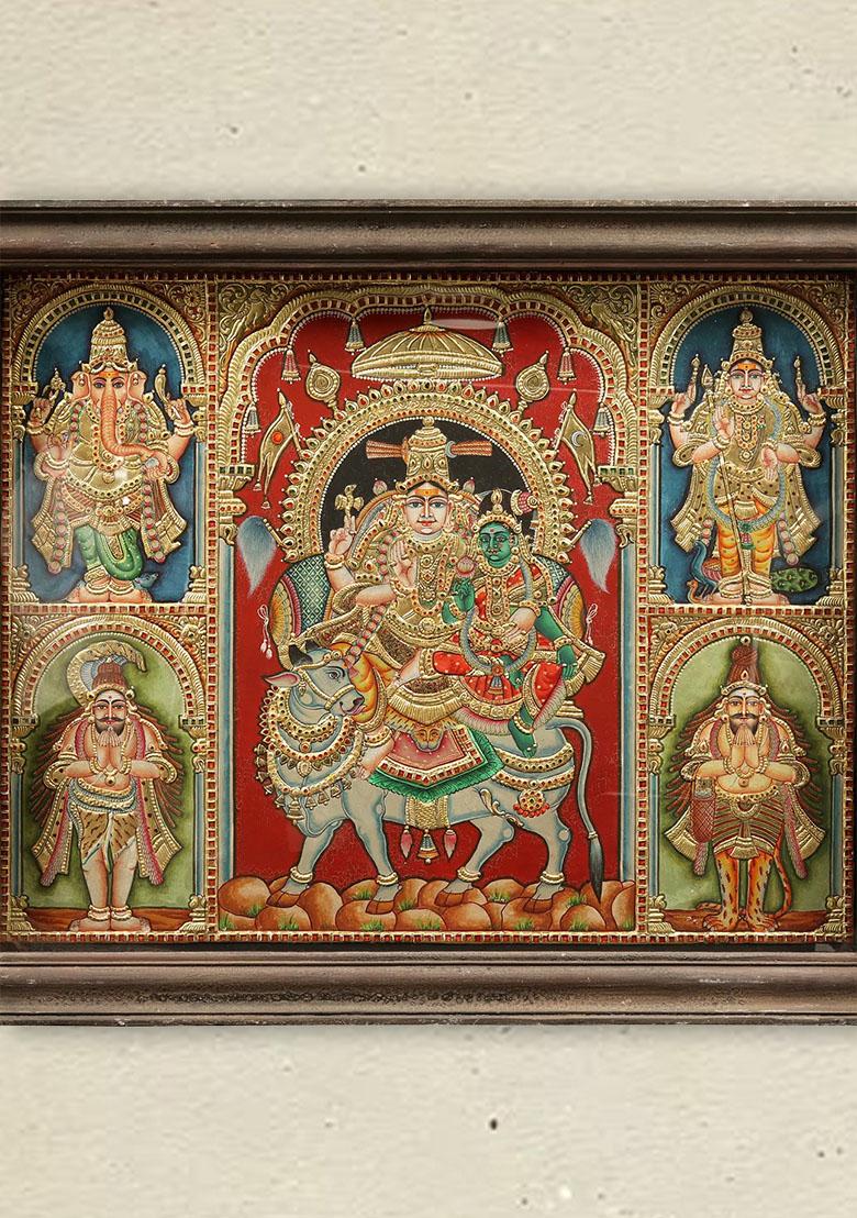 Pradosha Moorthy Shiva Parvati Tanjore Painting With Vintage Teakwood Frame South Indian Art