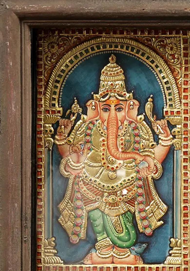 Pradosha Moorthy Shiva Parvati Tanjore Painting With Vintage Teakwood Frame South Indian Art