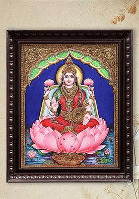 Goddess Lakshmi Seated On Lotus Tanjore Painting South Indian Art