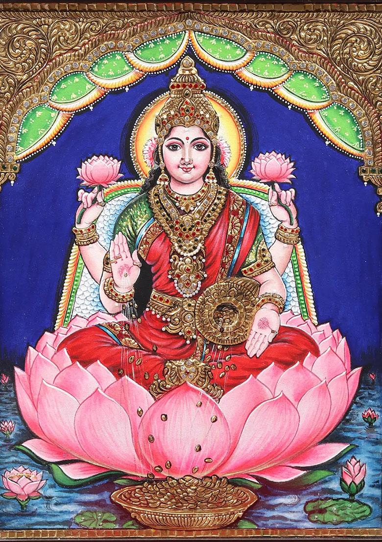 Goddess Lakshmi Seated On Lotus Tanjore Painting South Indian Art
