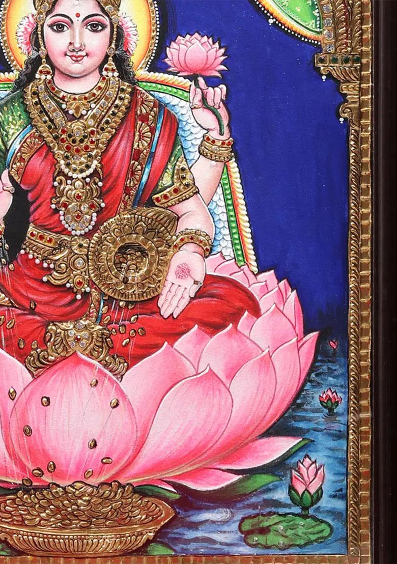 Goddess Lakshmi Seated On Lotus Tanjore Painting South Indian Art