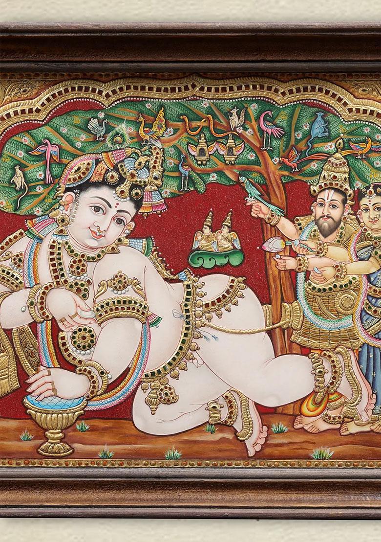 Bal Krishna Tanjore Painting With Vintage Teakwood Frame Divine Art For Home Decor