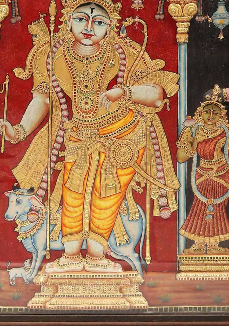 Rajamannar Rajagopalaswamy Tanjore Painting With Vintage Teakwood Frame Indian Art