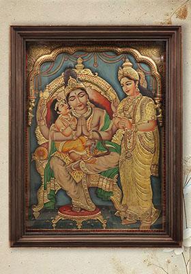 Shiva Parvati With Karttikeya Tanjore Painting Vintage Teakwood Frame Indian Art
