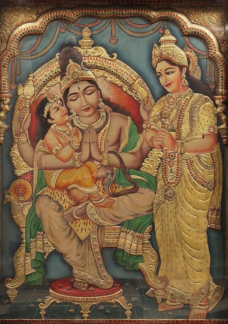 Shiva Parvati With Karttikeya Tanjore Painting Vintage Teakwood Frame Indian Art
