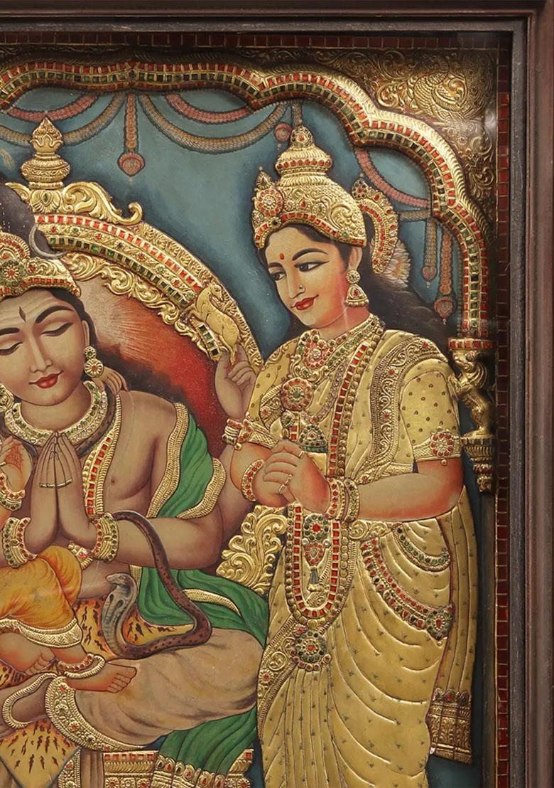 Shiva Parvati With Karttikeya Tanjore Painting Vintage Teakwood Frame Indian Art