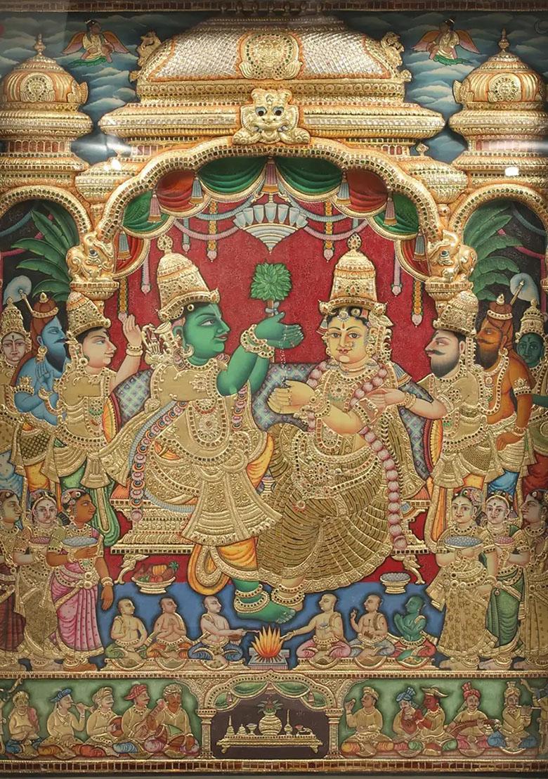 Goddess Sita Embossed Tanjore Painting Vintage Teakwoodivine Elegance