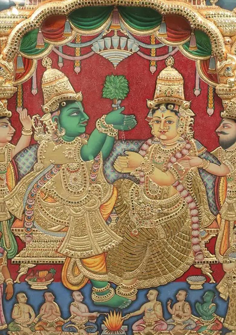 Goddess Sita Embossed Tanjore Painting Vintage Teakwoodivine Elegance