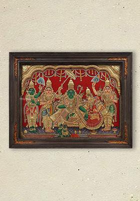 Shri Ram Darbar Tanjore Painting With Vintage Teakwood Frame22K Gold Embossed Masterpiece