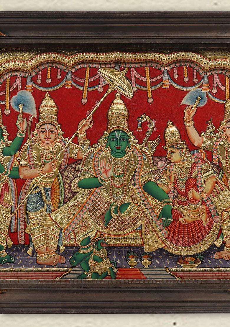 Shri Ram Darbar Tanjore Painting With Vintage Teakwood Frame22K Gold Embossed Masterpiece