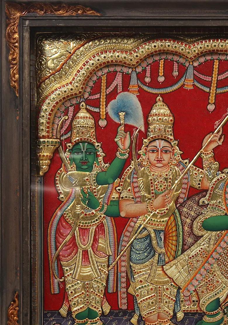 Shri Ram Darbar Tanjore Painting With Vintage Teakwood Frame22K Gold Embossed Masterpiece
