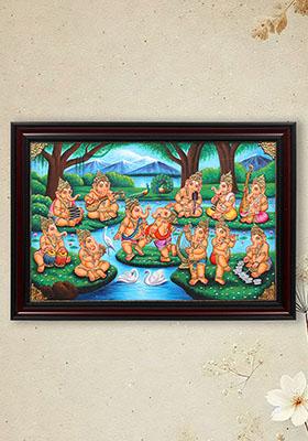 Musical Ganeshas Tanjore Painting With 22K Gold Workframed Art