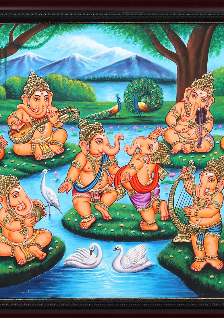 Musical Ganeshas Tanjore Painting With 22K Gold Workframed Art