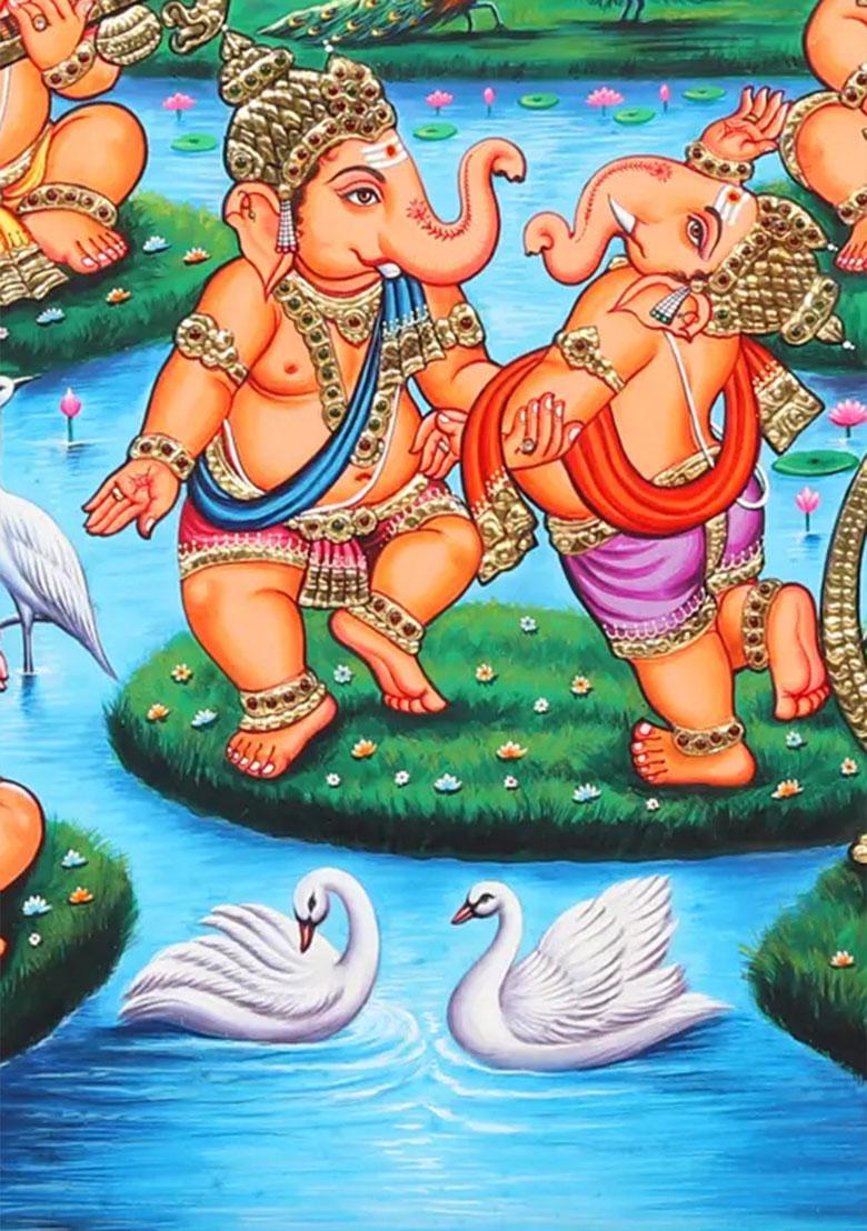 Musical Ganeshas Tanjore Painting With 22K Gold Workframed Art