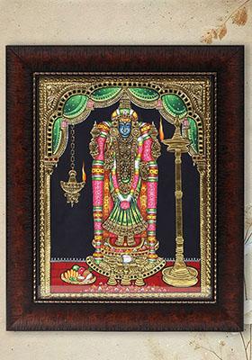 Goddess Akilandeswari Tanjore Painting With Wooden Frame Indian Artwork