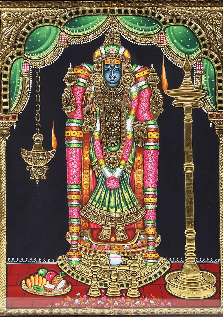 Goddess Akilandeswari Tanjore Painting With Wooden Frame Indian Artwork