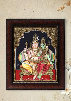 Blessing Shiva Parvati Tanjore Painting With Woodenivine Indian Artwork