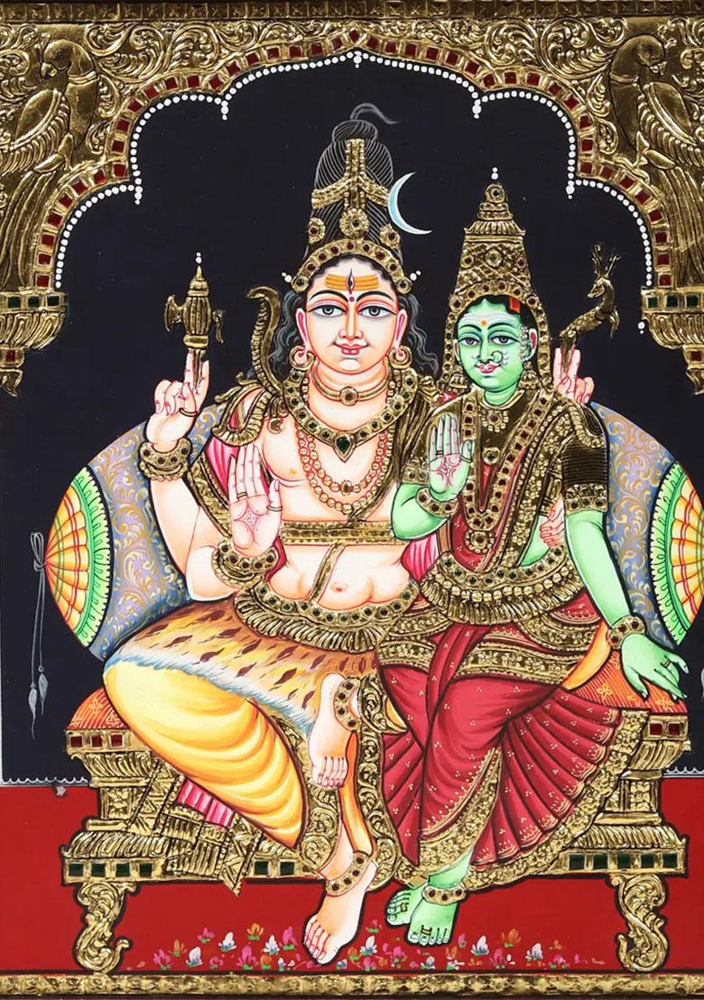 Blessing Shiva Parvati Tanjore Painting With Woodenivine Indian Artwork