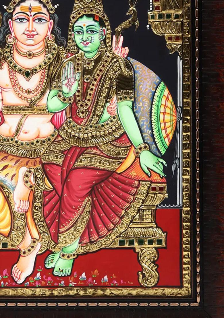Blessing Shiva Parvati Tanjore Painting With Woodenivine Indian Artwork