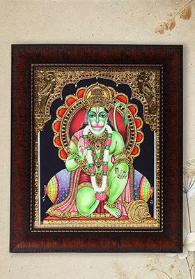 Blessing Lord Hanuman Tanjore Painting With Woodenivine Wall Art