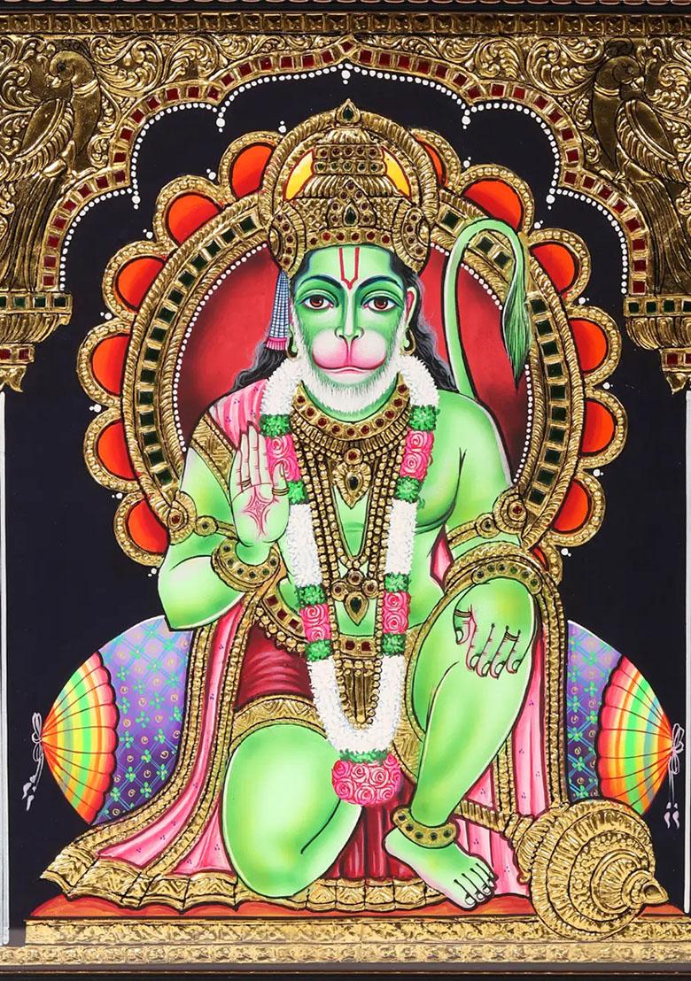 Blessing Lord Hanuman Tanjore Painting With Woodenivine Wall Art
