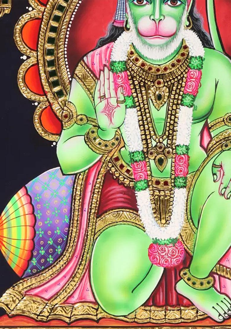Blessing Lord Hanuman Tanjore Painting With Woodenivine Wall Art