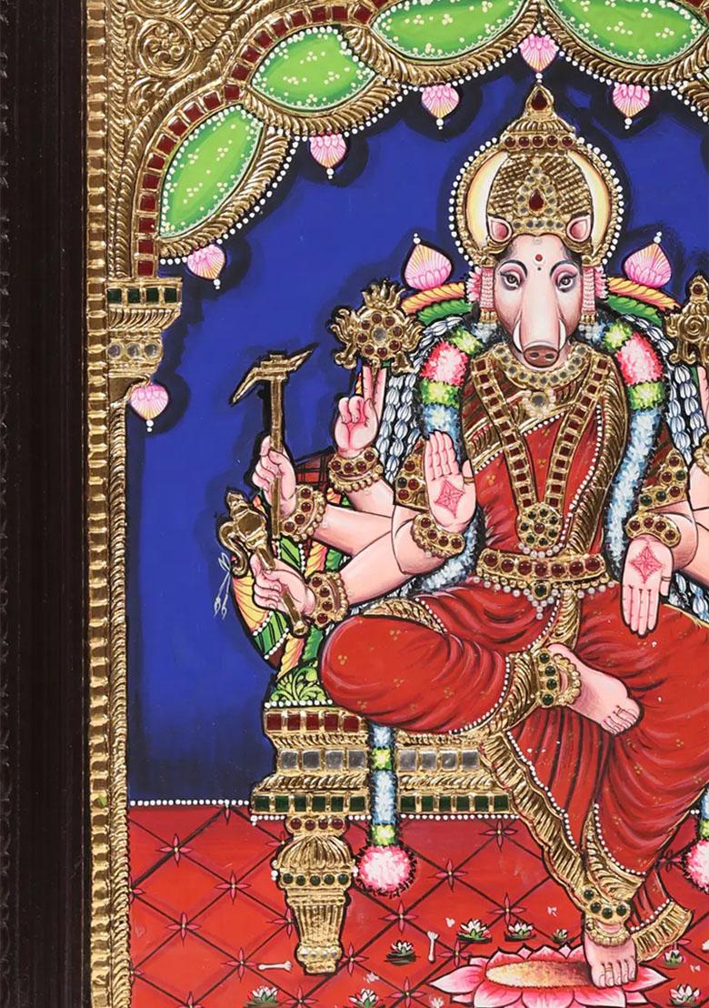 Framed Goddess Varahi Tanjore Painting Gold Embossed Art