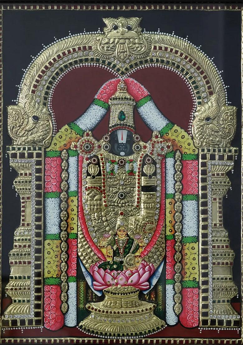 God Balaji With Lakshmi Showering Wealth Tanjore Painting
