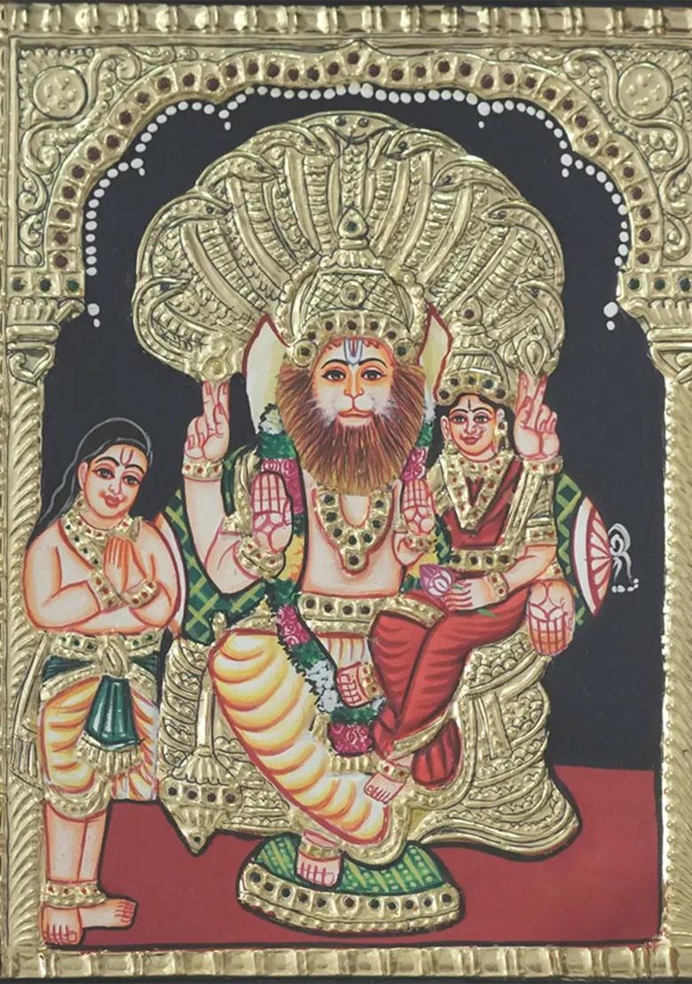 Tanjore Painting Of Lakshmi Narasimha With Bhakta Prahalad
