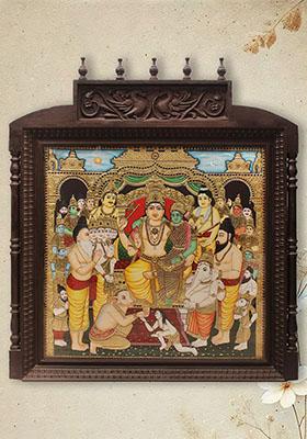 Shiva Darbar Tanjore Painting Artwork Teakwood Frame