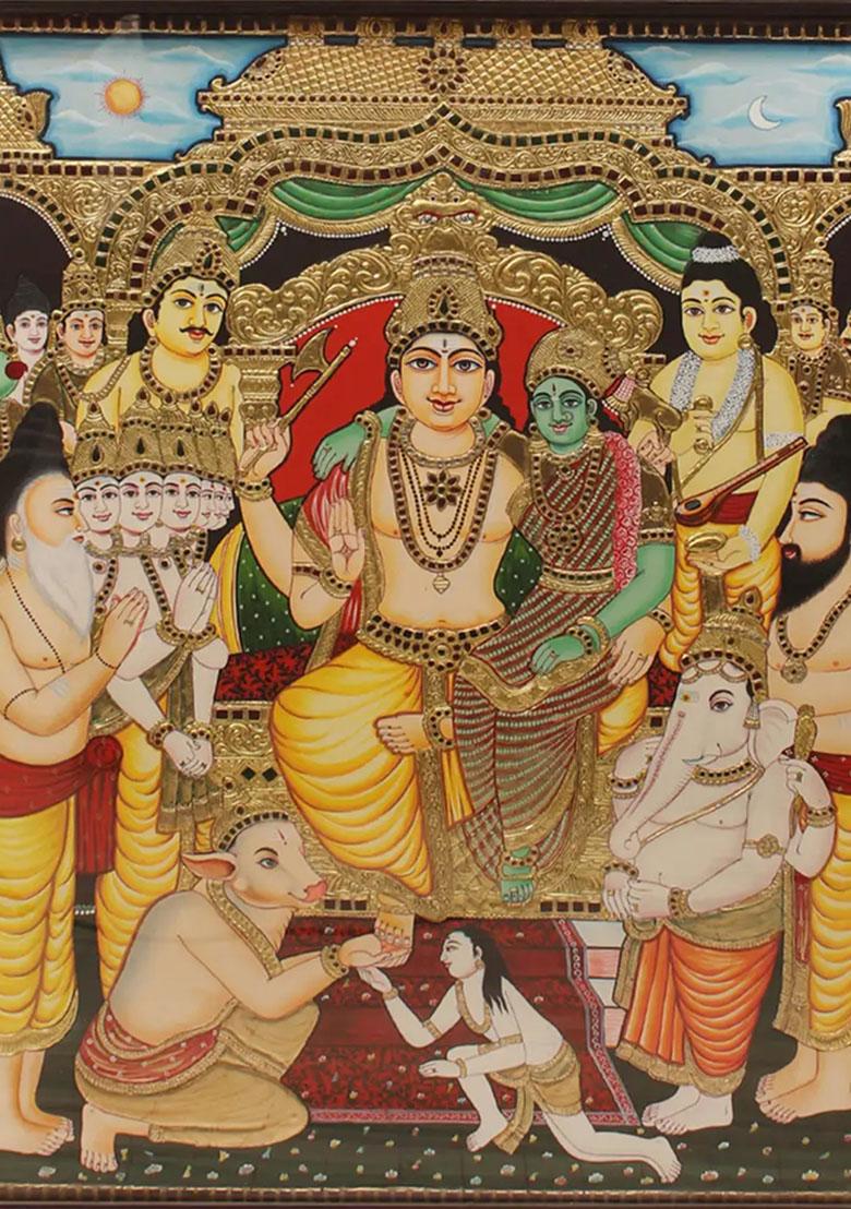 Shiva Darbar Tanjore Painting Artwork Teakwood Frame