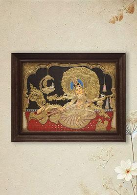 Goddess Saraswati Embossed Tanjore Painting Artwork